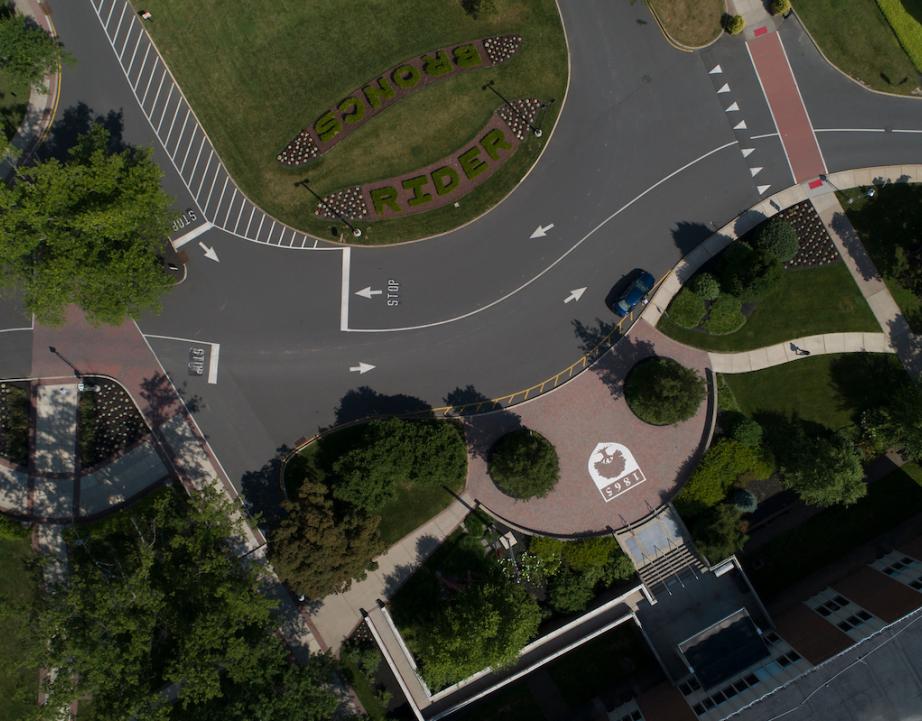 Overhead shot of campus bern and library