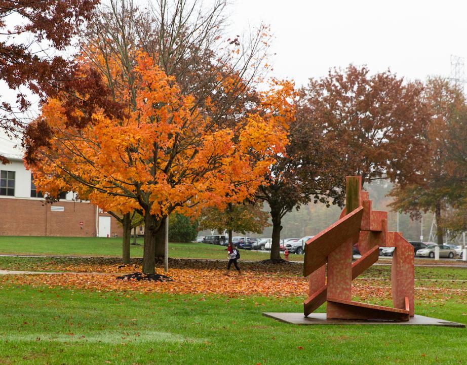 Student walks across campus in the fall.