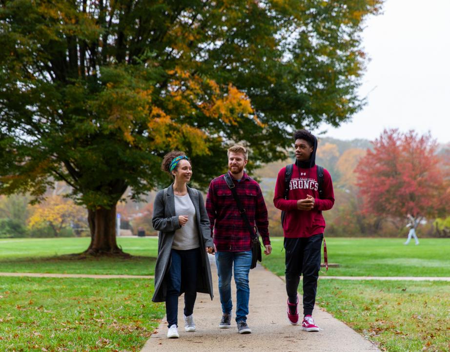 Three students walk to class in autumn