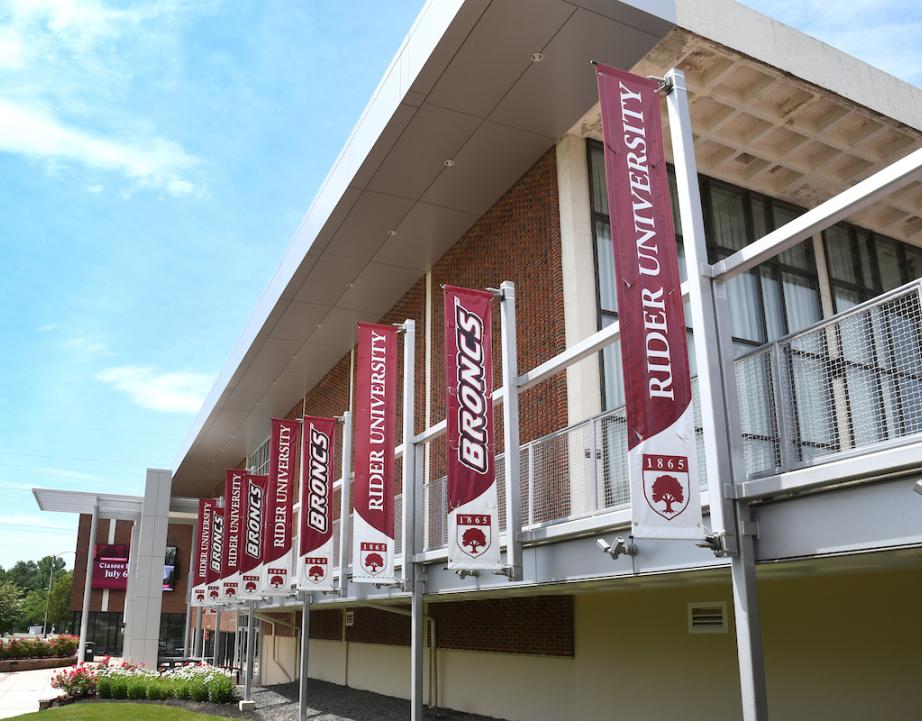 Campus shot with flags