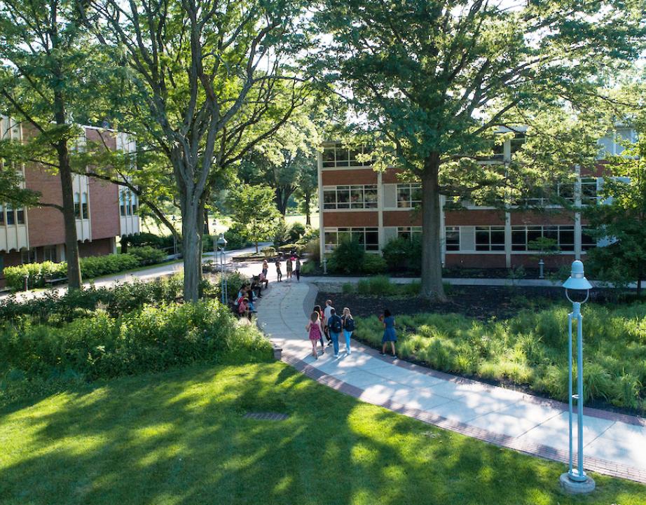 Students walk across academic quad