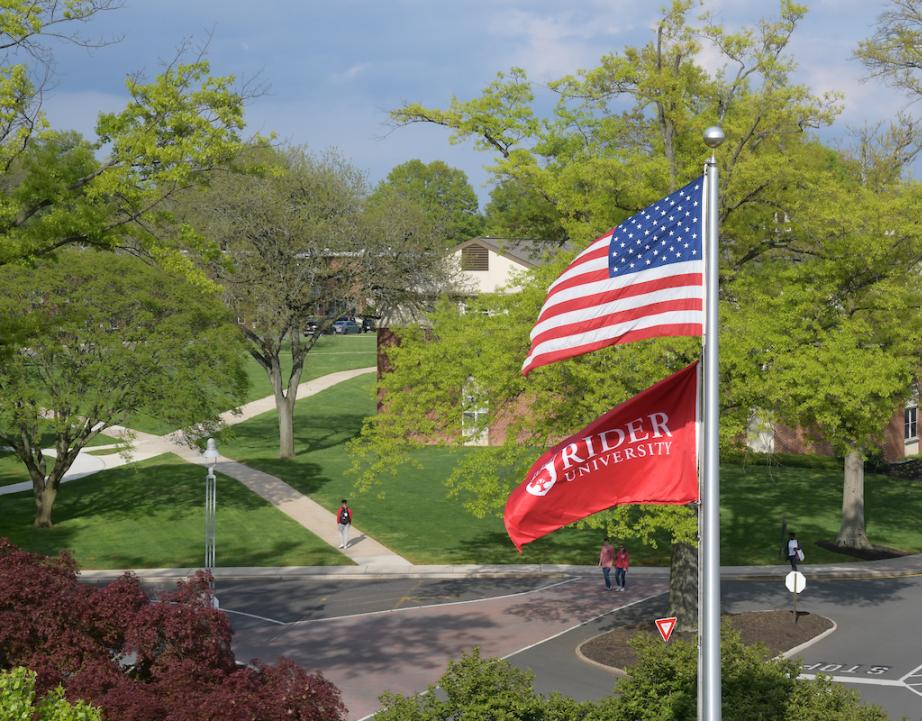 American flag and Rider flag on campus