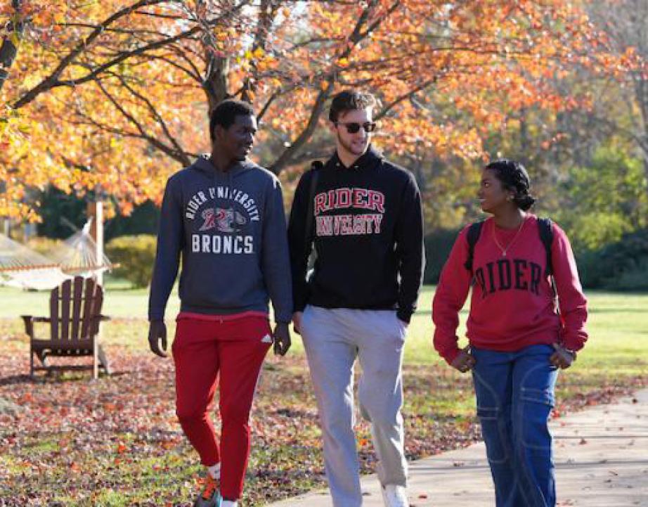 students walking on Rider campus in fall