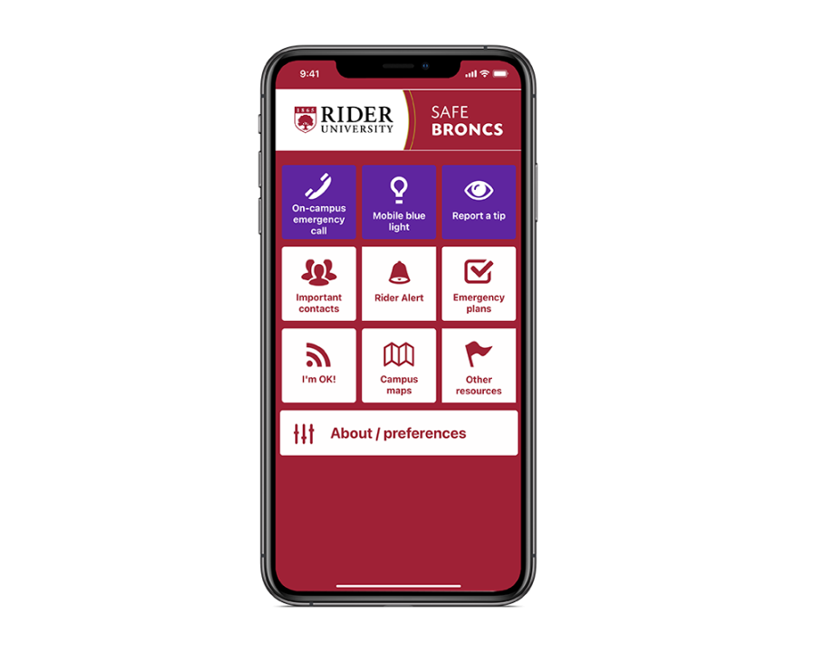 Rider University Safe Broncs app main menu interface