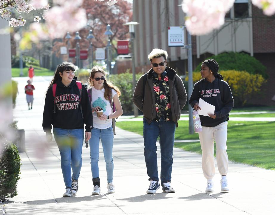 students on campus in spring