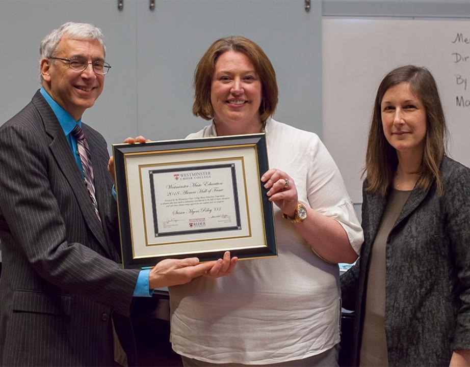 Susan Myers Riley '03 with Dean Marshall Onofrio and Profess