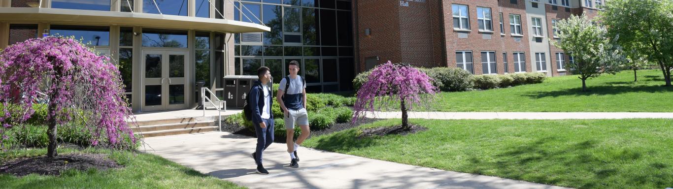 Students walk on path near residence hall