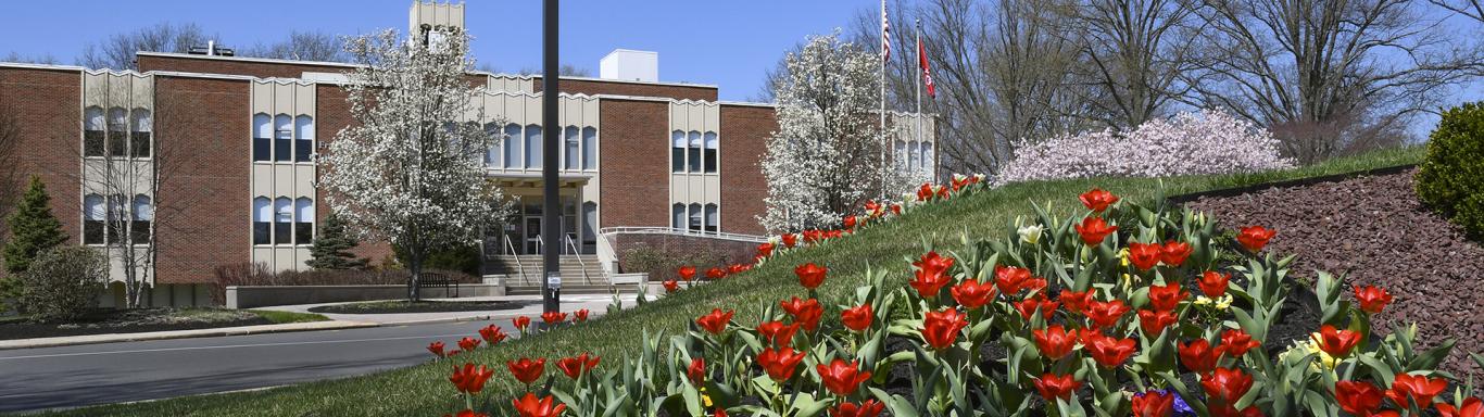 Rider campus building in spring