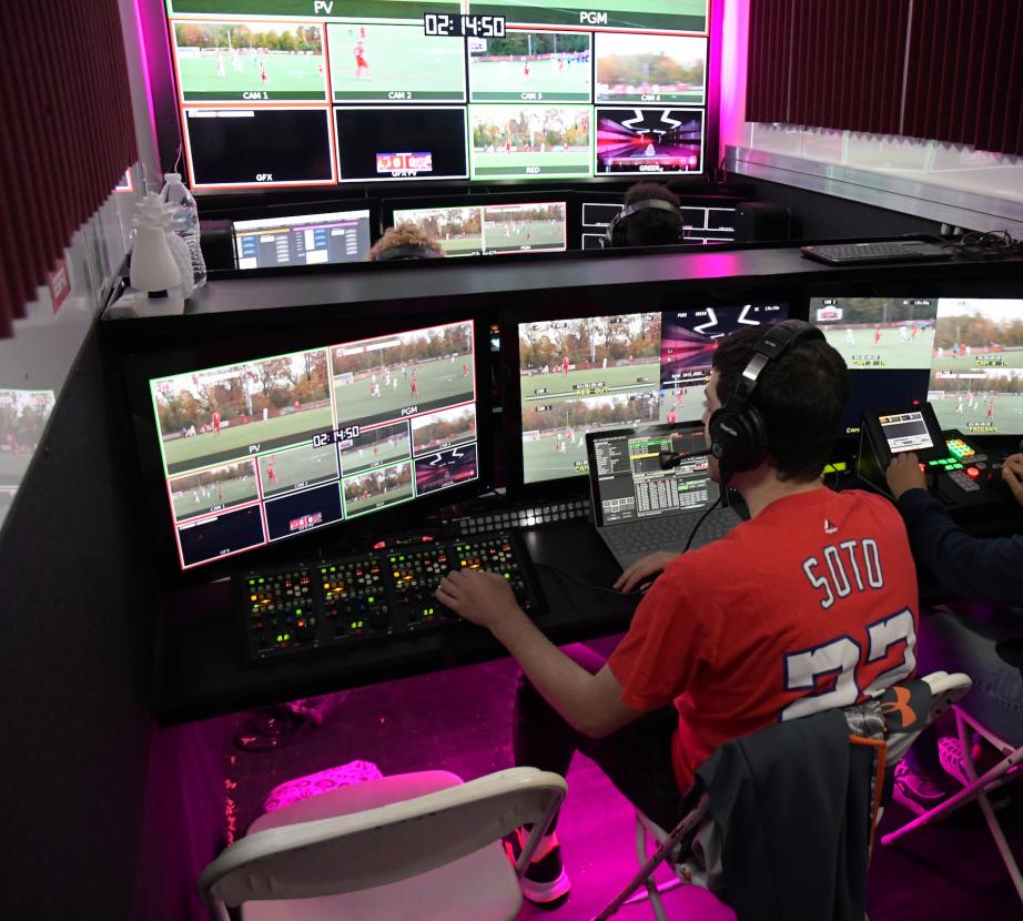 Students work in the ESPN truck on campus