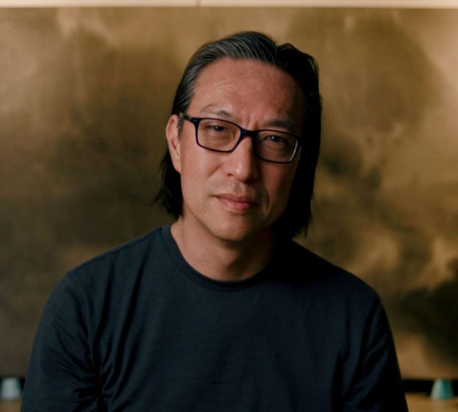 Makoto Fujimura with painting in the background