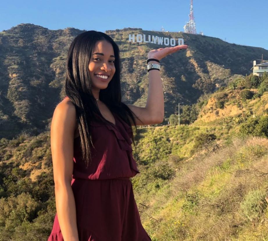 Rider Film and Television student in front of Hollywood sign