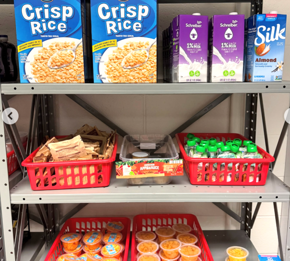Shelves in the pantry featuring boxes of rice, shelf-stable milk, and other snacks