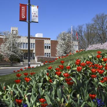 Rider campus building in spring