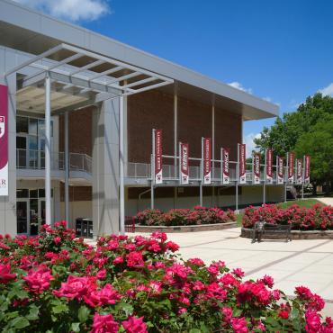 Bart Luedeke Center (BLC) patio in spring