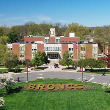 Aerial view of the campus mall and Moore Library