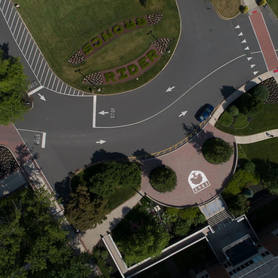 Overhead shot of campus bern and library