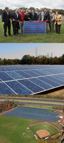 Photo of solar fields and people at opening ceremony